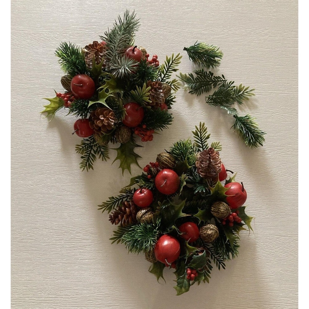 2 Vtg Plastic Christmas Candle Ring Holly Ivy Pine Cones Fruit Nut Floral Kitsch